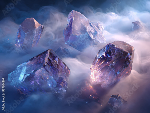 Wallpaper Mural Floating crystal shards glow through misty clouds Torontodigital.ca