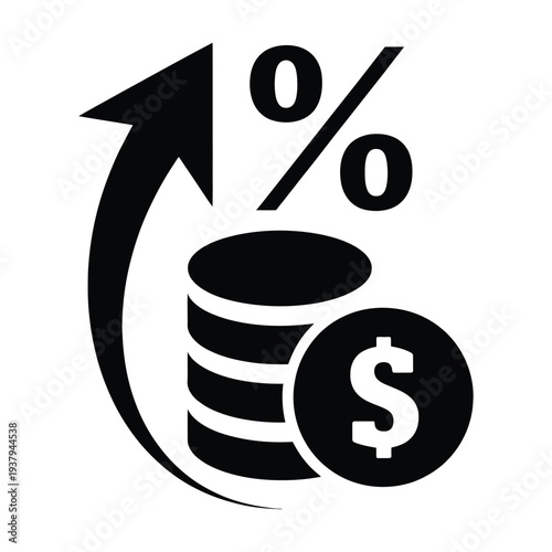 Inflation and currency vector icon, money value increase and economic trend symbol, black and white isolated illustration, professional flat design for finance, banking, and economic education.