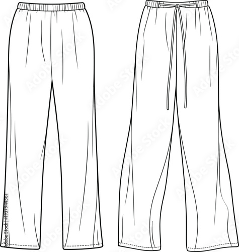 Flat vector CAD drawing of women's wide-leg pants, technical fashion sketch with drawstring waist, front and back view illustration