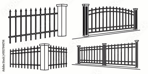 A collection of various styles of metal fences and gates for residential and commercial use Vector