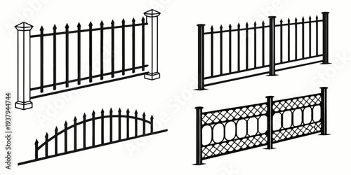 Four distinct designs of metal railings showcasing various styles and structures. Vector