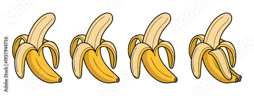 Group of four peeled yellow bananas isolated on white background