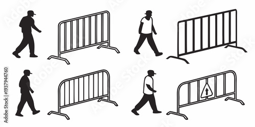 A diverse group of people navigating through a series of barricades. Vector