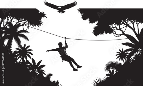 Silhouette of a person ziplining through a lush tropical forest landscape