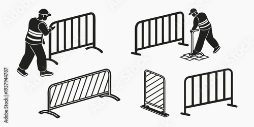 A man is seen climbing over a series of metal barriers on a sidewalk. Vector