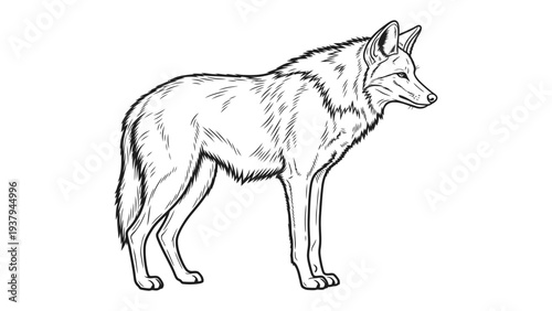 Coyote in Profile: A solitary coyote is captured in a detailed, black-and-white illustration. The image showcases the animal's natural form and its wilderness nature.