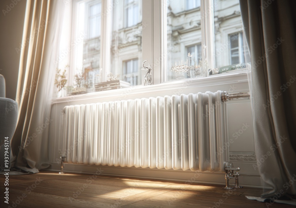 Obraz premium Warm sunlight streams through a window onto a classic white radiator in a cozy room
