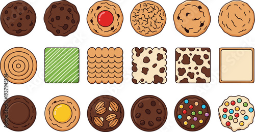 Assorted Cookie and Biscuit Collection with Chocolate Chip, Cream, Sprinkle, and Butter Flavors for Bakery Menu, Snack Packaging, and Dessert Vector Designs