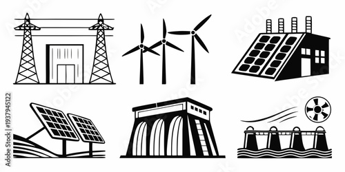 Illustrations of various types of energy generation and infrastructure Vector