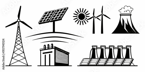 Illustration of various renewable energy sources and infrastructure Vector