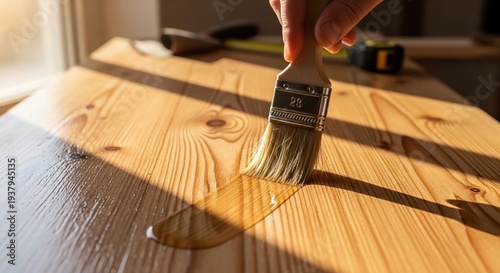 Applying clear varnish on natural wood surface with brush, showing the wood grain texture with warm lighting, Close-up of a hand using a paintbrush to apply a clear, glossy varnish or oil finish to a 