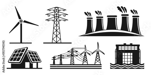 Diverse energy sources including renewable and non-renewable options illustrated Vector