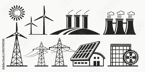 Illustration of various renewable and non-renewable energy sources Vector