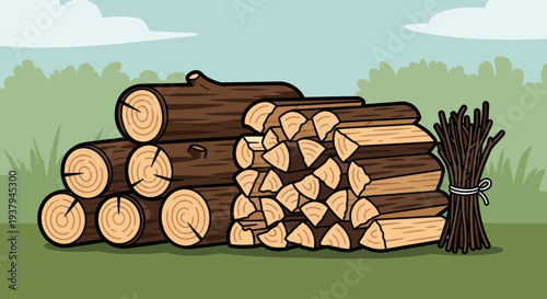 Stacked Firewood Logs and Twigs Bundle.