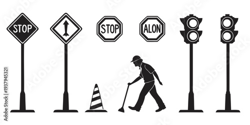 A man with a shovel stands next to a cone in front of various road signs. Vector