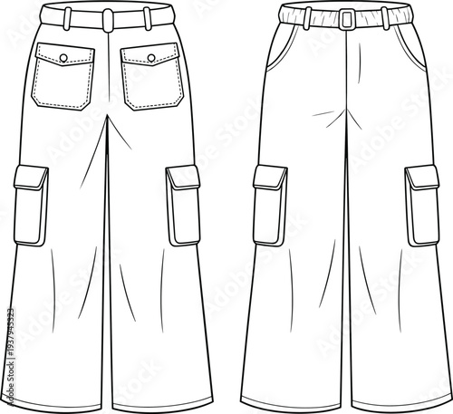 Flat vector CAD illustration of cargo pants with front and back view, flap pockets, belt loops, wide leg design