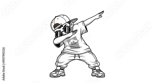 Young Boy Wearing Sunglasses and Baseball Cap.