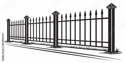 A tall, ornate iron fence with pointed tops and intricate designs on each panel. Vector