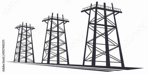 Four tall electricity pylons standing in a row on a plain background Vector
