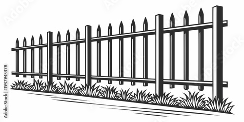 A black metal fence with pointed tops and a horizontal bar in the middle Vector