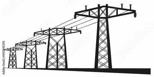 A series of electricity pylons stretching across a landscape in the distance. Vector