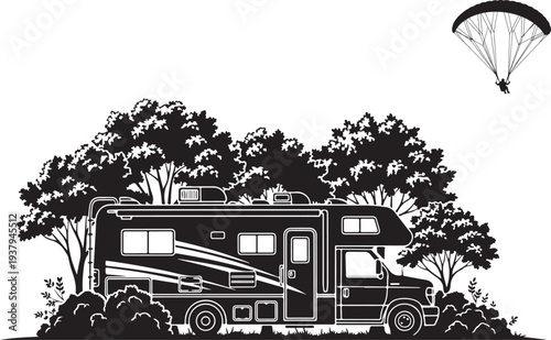 A black and white illustration of an rv and a paraglider