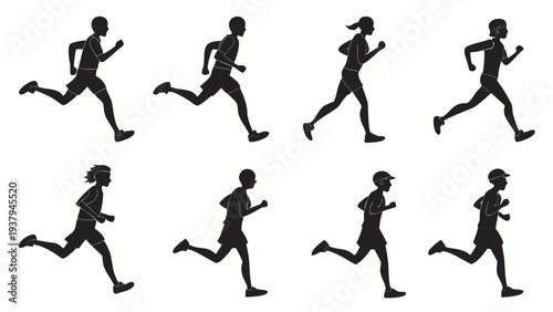 Silhouettes of people running in various positions and stages of motion Vector