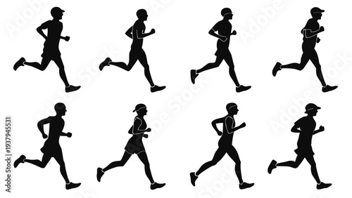 Silhouettes of people running in various styles and postures Vector