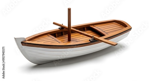 Small white and brown wooden boat on white background With shadow. AI GENERATED.  