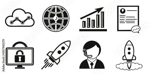 Icons representing various aspects of technology, business, and innovation Vector