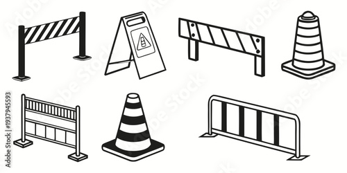 Assorted road signs and traffic barriers depicted in a black and white illustration Vector
