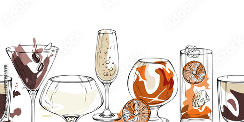 Whisky, coffee and tea beverages, champagne and dark shots with oranges. Seamless vector strip with warm accents. Hand drawn banner for craft layouts, social content, blog headers and themed borders.