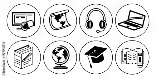 A collection of icons representing various aspects of education and technology. Vector