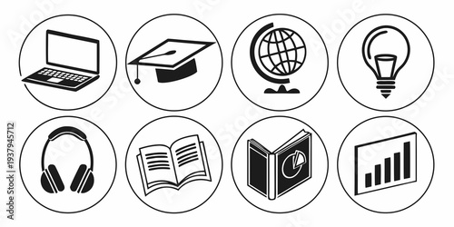 Icons representing various aspects of online education and remote learning Vector