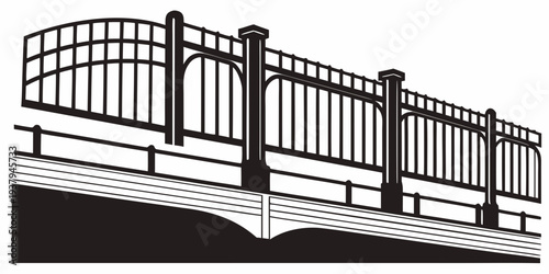 A black and white illustration of an ornate metal bridge with intricate designs Vector