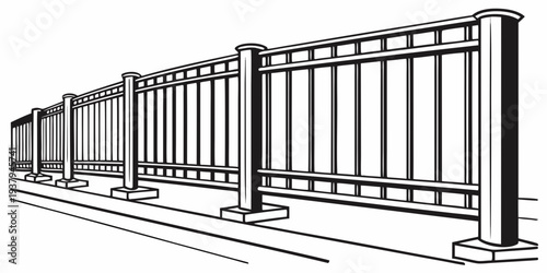 A detailed illustration of a long row of metal fences with horizontal bars. Vector