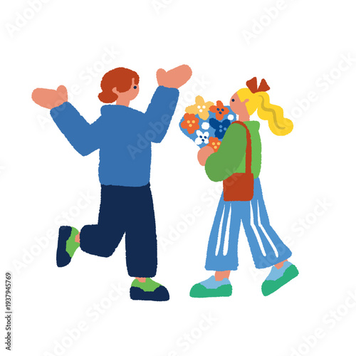 マルシェで花束を選ぶカップルと人々のにぎわう屋外マーケットのイラスト