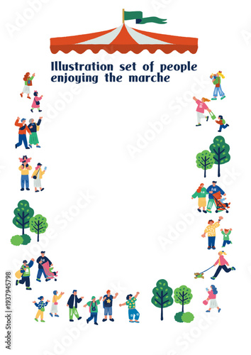 地域マルシェで買い物や食事を楽しむ人々の屋外イベントイラスト