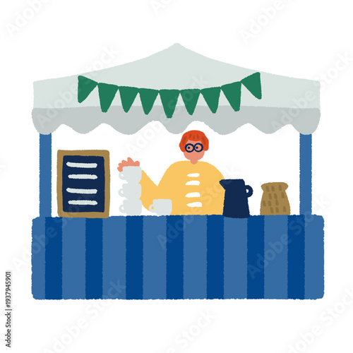 コーヒー屋台のあるマルシェイベント風景 人々で賑わう屋外マーケットのイラスト
