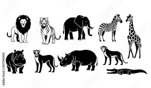 Minimalist Wild and Safari Zoo Animal Vector Icon Set for Education and Conservation