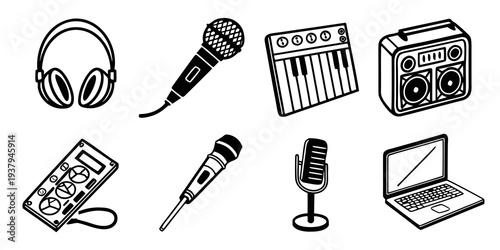 A collection of various audio and music related equipment and devices. Vector