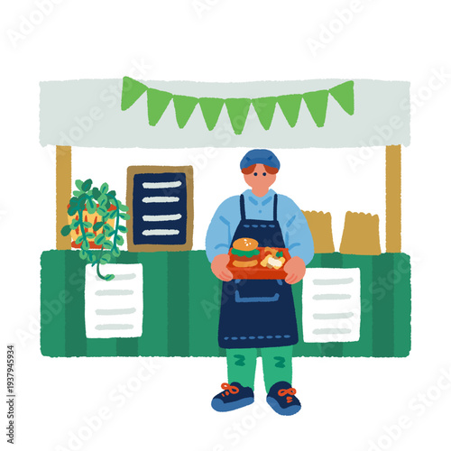 ハンバーガーを販売する屋台のあるマルシェイベント風景