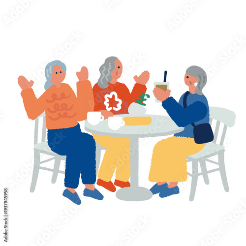 シニア女性がカフェでおしゃべりを楽しむアクティブシニアのライフスタイルイラスト
