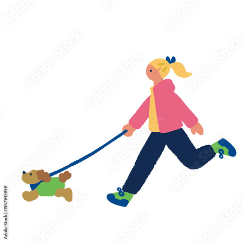 犬と散歩する女性のライフスタイルイラスト 公園でペットと過ごす休日