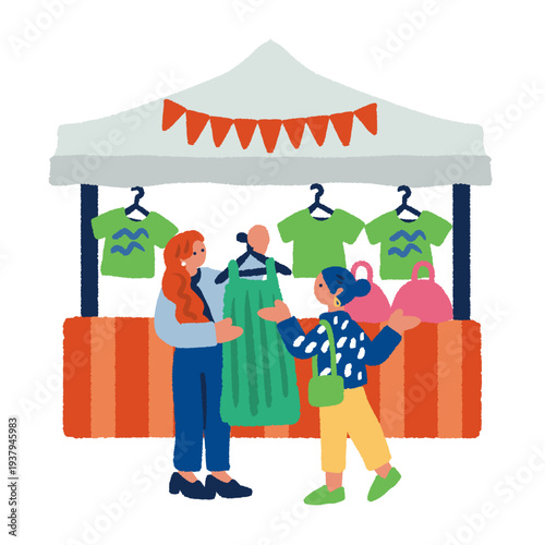 フリマで買い物を楽しむ人々の屋外マーケットイベント