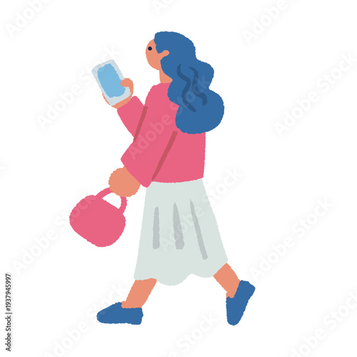 スマホを持って買い物を楽しむ若い女性のイラスト