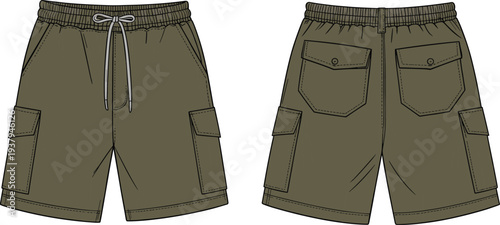 Flat vector CAD drawing of men’s cargo shorts with elastic waistband, drawstring front, multiple pockets, back flap pockets, outdoor wear