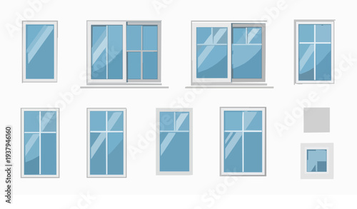 White plastic house windows vector set with various frame types front view collection