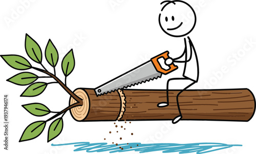 Stick Figure Cutting Tree Log with Hand Saw Cartoon Vector Illustration of Wood Cutting, Lumber Work, Forestry Activity and Manual Sawing Concept