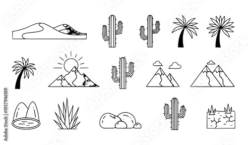 Minimalist Desert Nature Landscape Vector Icon Set with Sand, Cactus, and Oasis Elements
